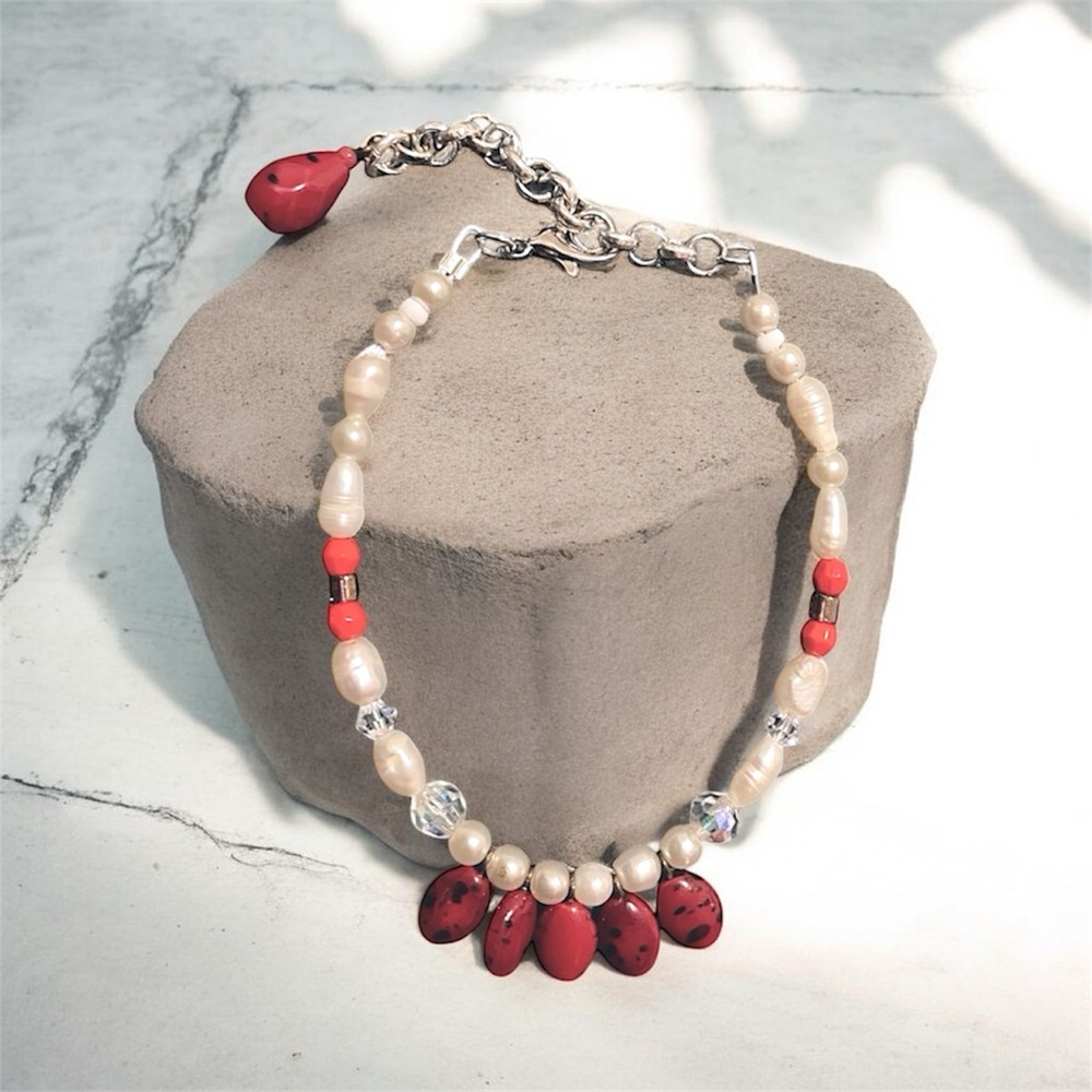 Vintage Faux Pearl and Red Bead Bracelet